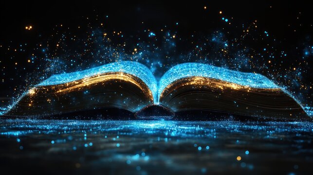Open book, glowing particles, dark background, knowledge, magic