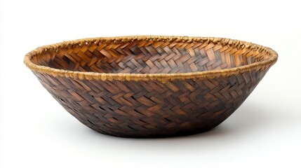 Obraz premium Handwoven Dark Brown Bamboo Basket Bowl on White Background