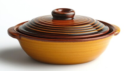 A round, lidded ceramic dish with a ridged design, ideal for cooking and serving food.