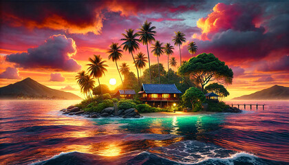 Serene Tropical Sunset Over Island with Cozy House and Lush Palm Trees