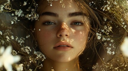 Girl surrounded by flowers, sunlight, serene expression, outdoor setting, beauty portrait