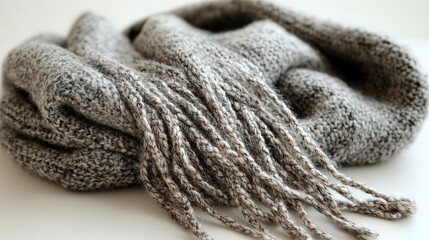 A cozy gray knitted scarf with fringes, perfect for warmth and style in colder weather.