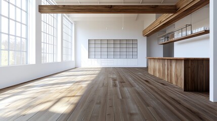 Obraz premium Sunlit Modern Loft Apartment with Wooden Bar