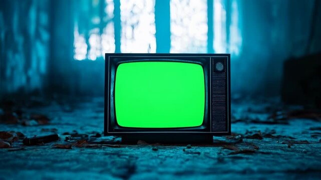 Vintage Television in a Haunted Room - A retro TV with green screen s in a dark abandoned room, symbolizing mystery, forgotten memories, technological obsolescence, haunting past, and eerie silence.