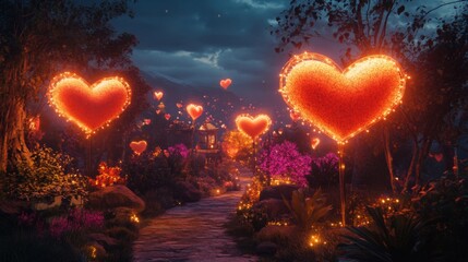 Enchanted Forest Path with Glowing Hearts at Night