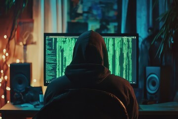A shadowy figure wearing a hoodie and an anonymous mask, sitting in front of a glowing computer screen with green digital code streaming across.