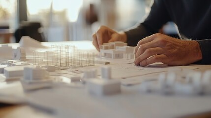 Creative workspace with architectural models and blueprints in modern office design