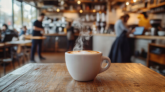 Steaming latte art in a bustling coffee shop