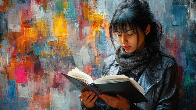 Woman reading book, colorful wall, urban background, literary