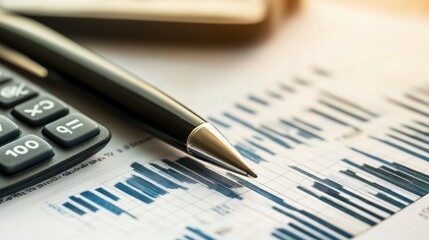 Financial Analyst Reviewing Data Charts, Pen and Calculator Close Up