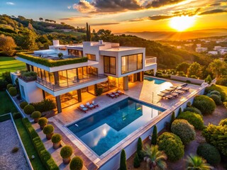 Fototapeta premium Luxurious 4-Bedroom Villa Aerial View: Drone Photography of Modern Estate