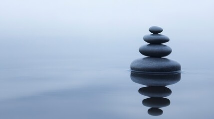 Serene Stacked Stones Reflecting in Calm Water, Minimalist Zen Concept