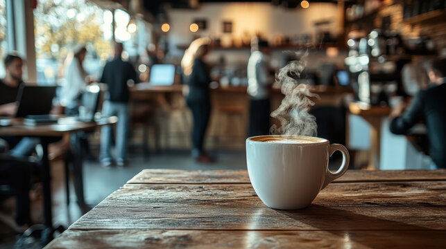 Steaming coffee cup on rustic wooden table in bustling cafe