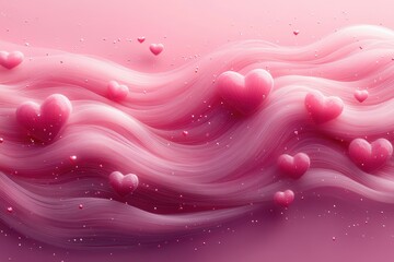 Soft Pink Waves with Floating Hearts in a Dreamy Background