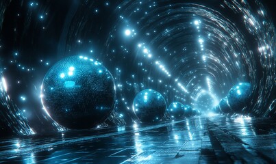 Glowing spheres in futuristic tunnel; abstract background