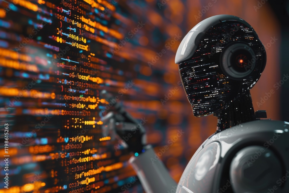 Poster an android robot interacts with a glowing digital code wall in a cyber digital world, showcasing adv