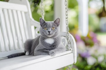 Professional photo of blue cat on swing watching birds