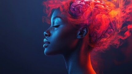 Fototapeta premium Woman, brain, fire, smoke, profile, art, concept, dark, background, digital