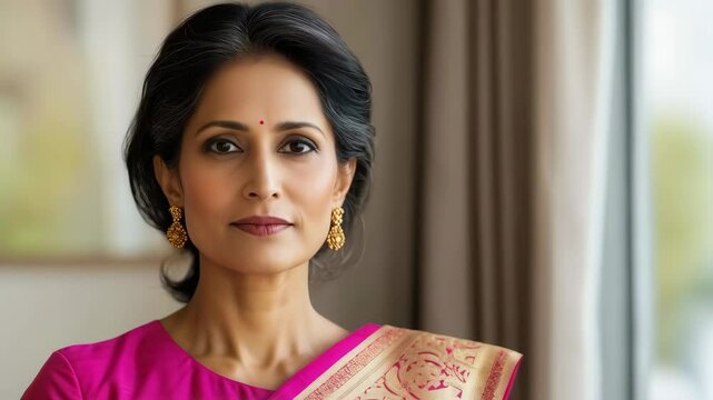 A 50-year-old Indian woman wearing a vibrant pink saree with golden patterns and gold earrings, standing gracefully near a bright window