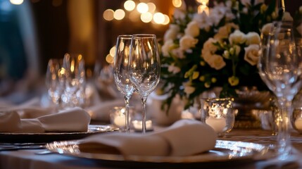 Romantic Dinner Table Setting with Sparkling Wine Glasses