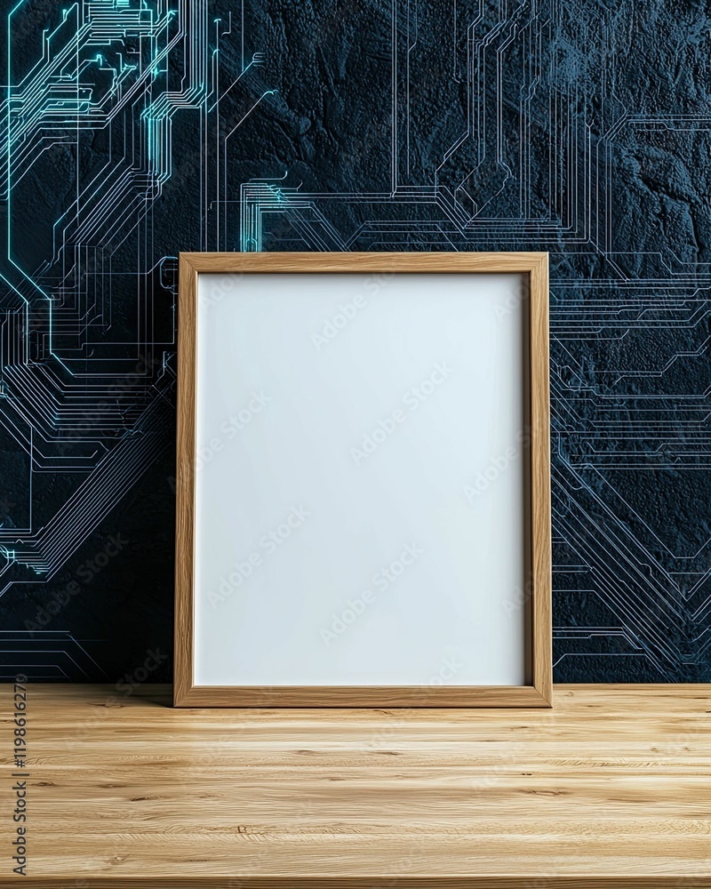 Aufkleber a wooden frame sits on a wooden surface against a tech-inspired background featuring circuit pattern