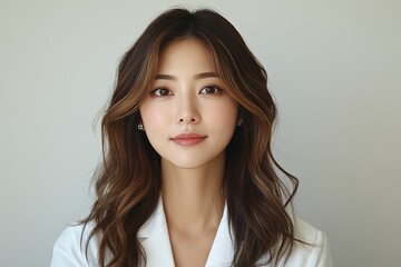 A portrait of a woman with wavy hair, wearing a white blazer, against a neutral background.