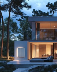 Modern home equipped with wallmounted energy storage batteries, pastel accents enhancing minimalism and functionality