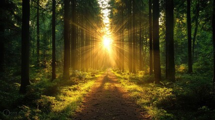 Obraz premium Sunbeams illuminate forest path; tranquil nature scene; peaceful background; ideal for wellness, travel, and nature websites