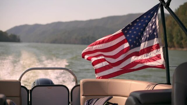 American Flag Waving on Boat in Scenic Waters vibrant American flag flies from boat cruising through peaceful lake, surrounded by forested mountains on sunny day patriotism outdoor adventure themes