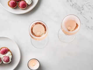 A Valentine's Day celebration setup featuring sparkling wine, desserts, and candles arranged on a marble table.