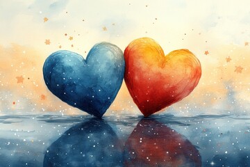Fototapeta premium Two Colorful Hearts in a Serene Landscape with Twinkling Stars