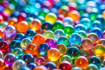 Macro Close-up of Colorful Water Beads, Expanded Gel Balls, Hydrated Polymer Spheres