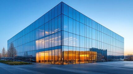 Obraz premium Modern glass building, city dusk, interior view, corporate