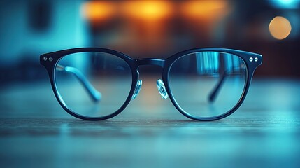 A close-up of stylish eyeglasses resting on a wooden surface, highlighting their design and clarity.