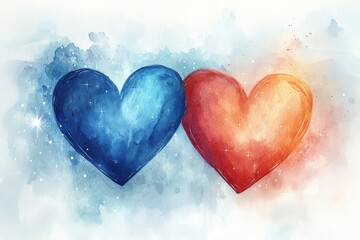Fototapeta premium Blue and Red Heart Illustration with Watercolor Background