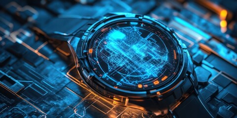 Futuristic smartwatch displays digital map on circuit board