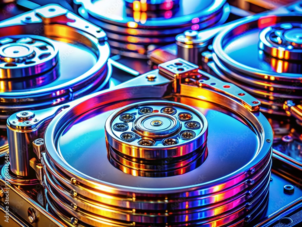 Poster macro close-up of stacked data center hard drives: high-detail data storage technology
