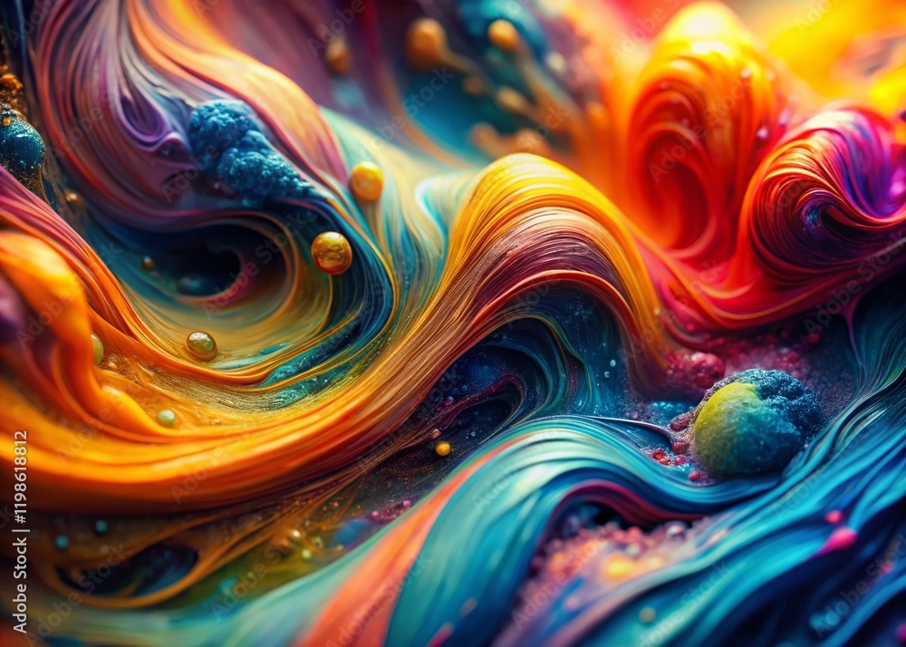 Poster macro close-up of vibrant colorful swirls and abstract shapes, dynamic motion blur effect