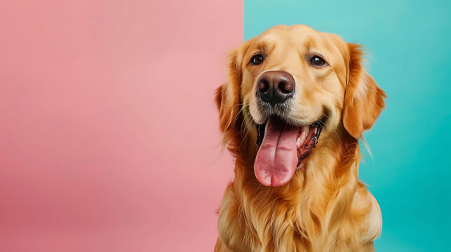 Cute golden retriever against a vibrantly colored studio the background tongue out and facing toward the lens