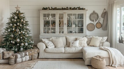 Christmas tree in rustic living room with presents