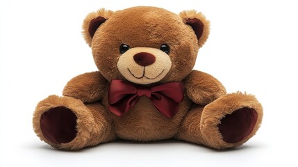 A cute, plush teddy bear with a friendly smile and a red bow, perfect for gifts and comfort.