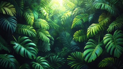 Lush tropical foliage with vibrant green leaves illuminated by sunlight filtering through the canopy