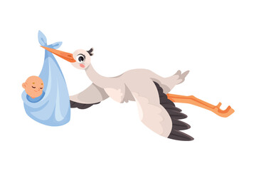 Stork Carry Baby in Wrap with Beak Vector Illustration