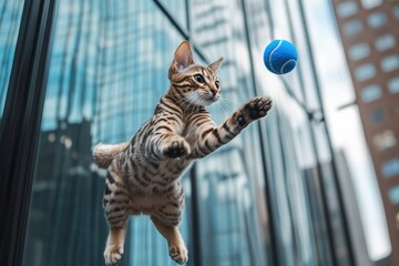 Dynamic DSLR photo showcasing Savannah cat leaping in city
