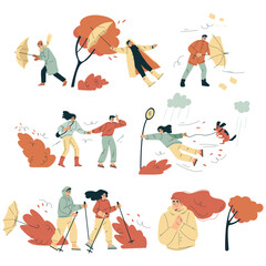 Storm with People Character Struggle with Umbrella in Hurricane Vector Set