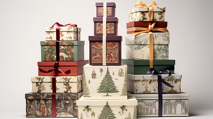 Stacked gift boxes with intricate wrapping designs and rich holiday themes