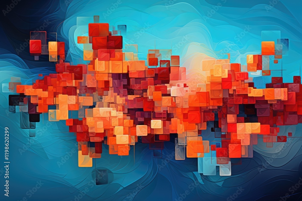 Poster abstract artwork created from algorithmic patterns showcases vibrant colors and geometric shapes, bl