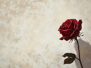 deep red rose positioned at the bottom-right corner of a textured white background, with shadows gently framing the flower 
