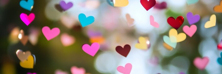 Colorful heart-shaped confetti falling gently in a festive atmosphere during a celebration