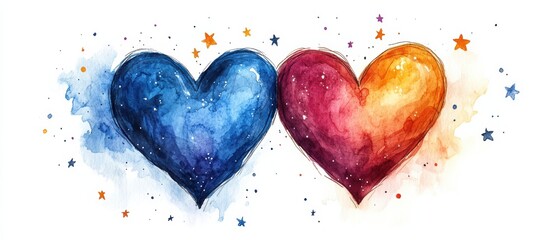 Colorful Watercolor Hearts with Stars on Whimsical Background